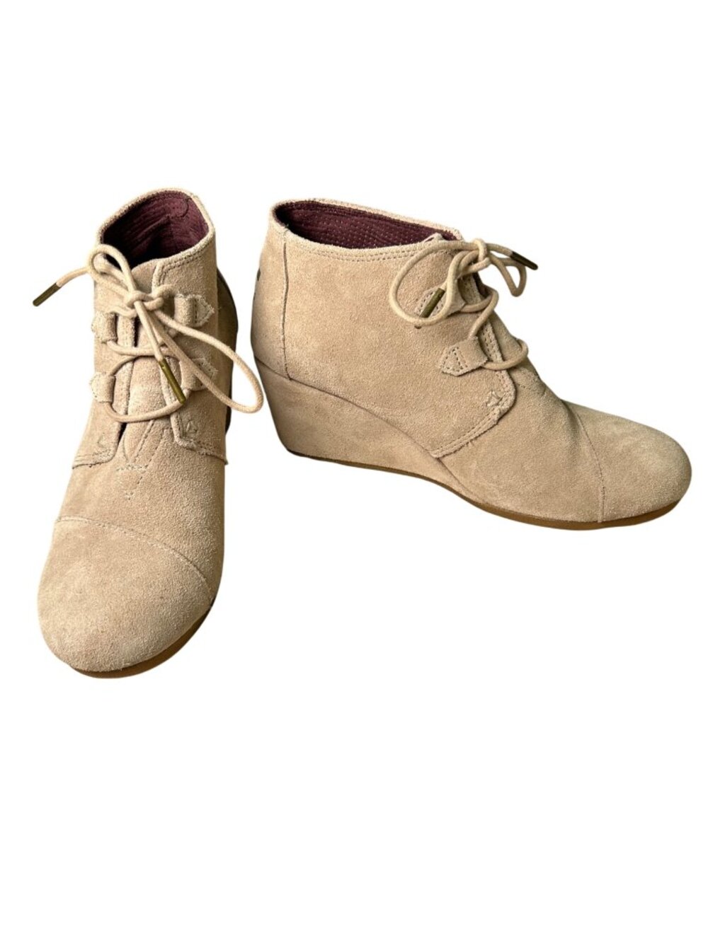 Toms Kala Wedge Heel Booties Women's 9.5 Beige Suede Lace-Up Wedge Shoes Comfort